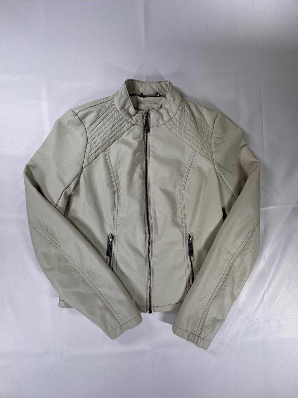 J2 Cream Faux Leather Moto Biker Jacket XS Y2K